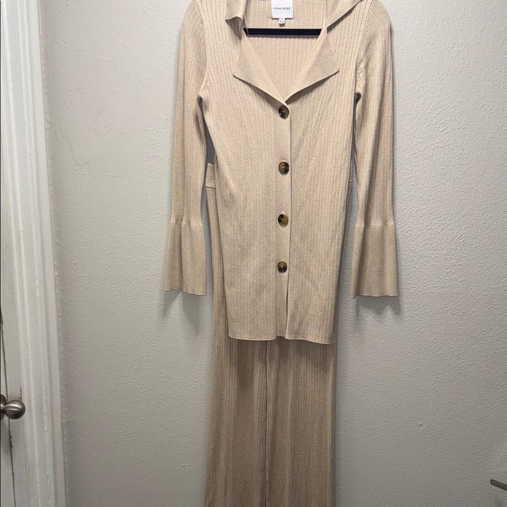 Pink Rose Cream Ribbed Button-Front Cardigan and Wide-Leg Pants Set